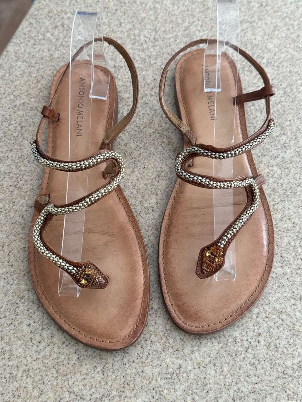 Antonio Melani Gold Beaded Rhinestone Leather Snake Serpent Sandals 9